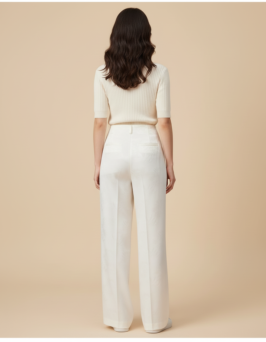 Pantalon Blanc Satiné Brodé Ample Élégant Femme - vue 2