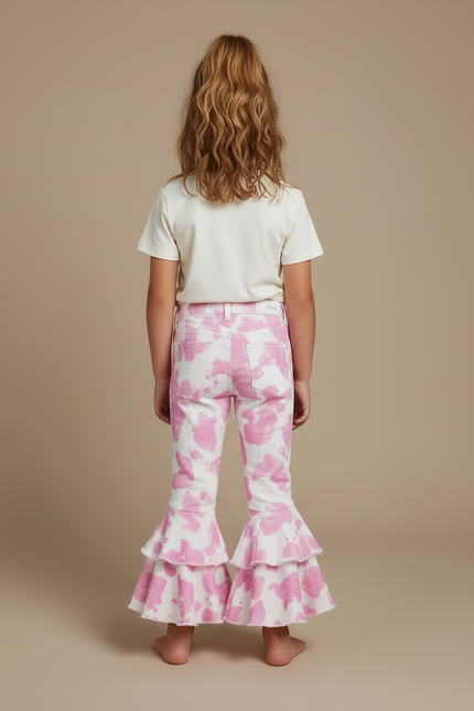 Pantalon Blanc Volants Rose Imprimé Évasé Fille - Jean - vue 2