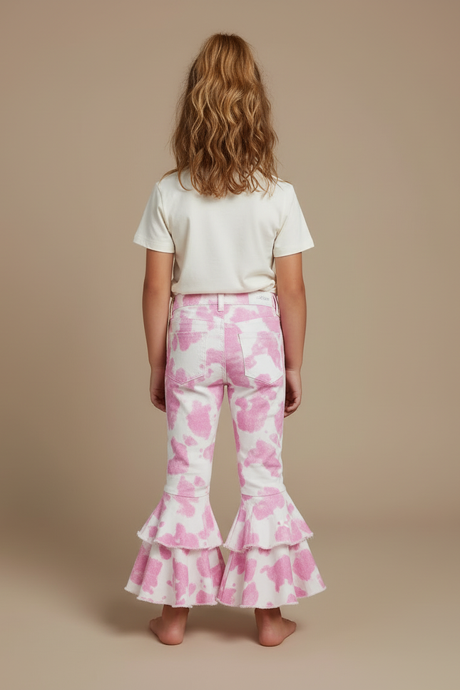 Pantalon Blanc Volants Rose Imprimé Évasé Fille - Jean - vue 2