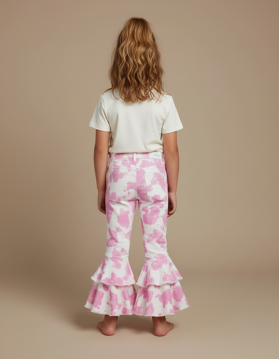 Pantalon Blanc Volants Rose Imprimé Évasé Fille - Jean - vue 2