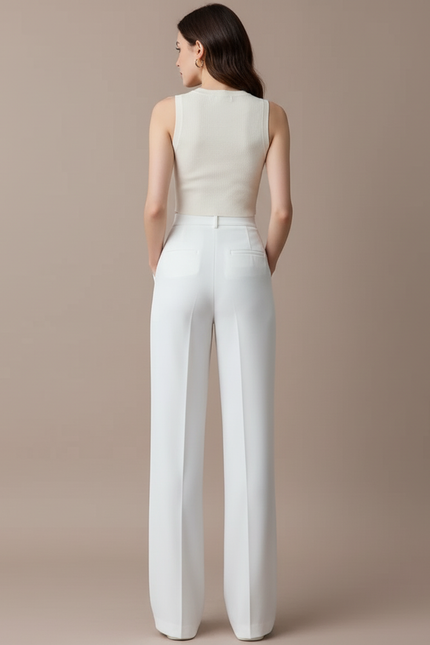 Pantalon Blanc Fluide Ample Taille Haute Décontracté Élégant - Polyester - vue 2