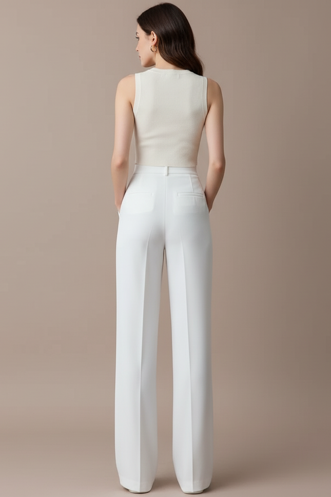 Pantalon Blanc Fluide Ample Taille Haute Décontracté Élégant - Polyester - vue 2