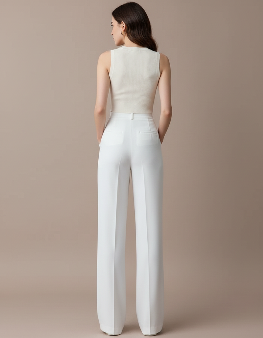 Pantalon Blanc Fluide Ample Taille Haute Décontracté Élégant - Polyester - vue 2