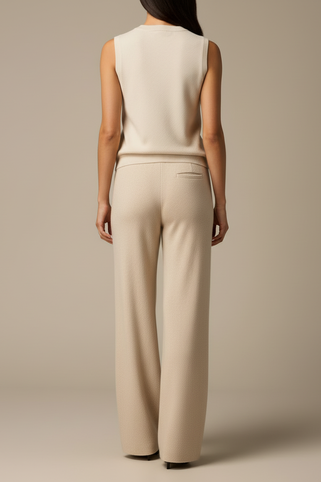 Pantalon Blanc Laine Tricoté Ample Droit Femme - Beige - vue 2
