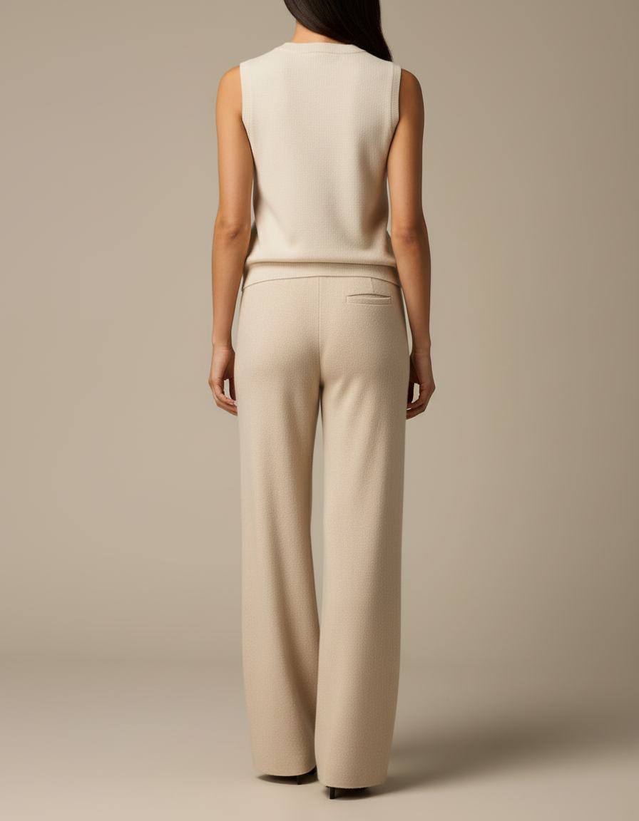 Pantalon Blanc Laine Tricoté Ample Droit Femme - Beige - vue 2