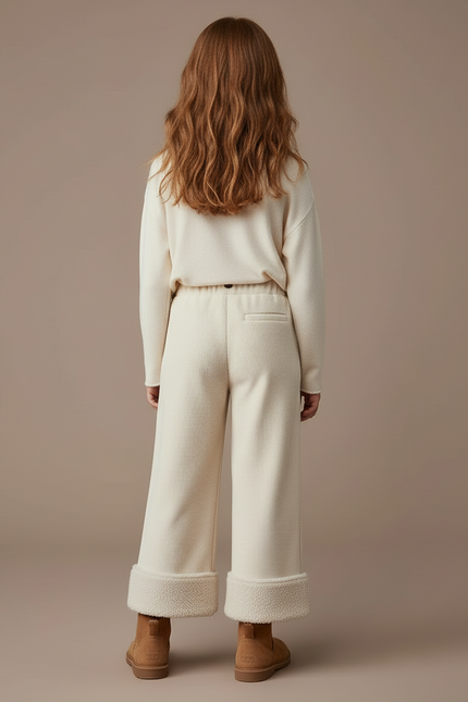Pantalon Blanc Côtelé Doublé Polaire Ample Fille - Beige Cordé - vue 2