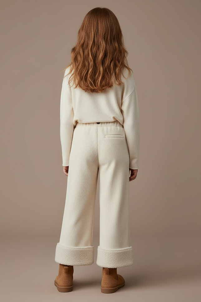 Pantalon Blanc Côtelé Doublé Polaire Ample Fille - Beige Cordé - vue 2