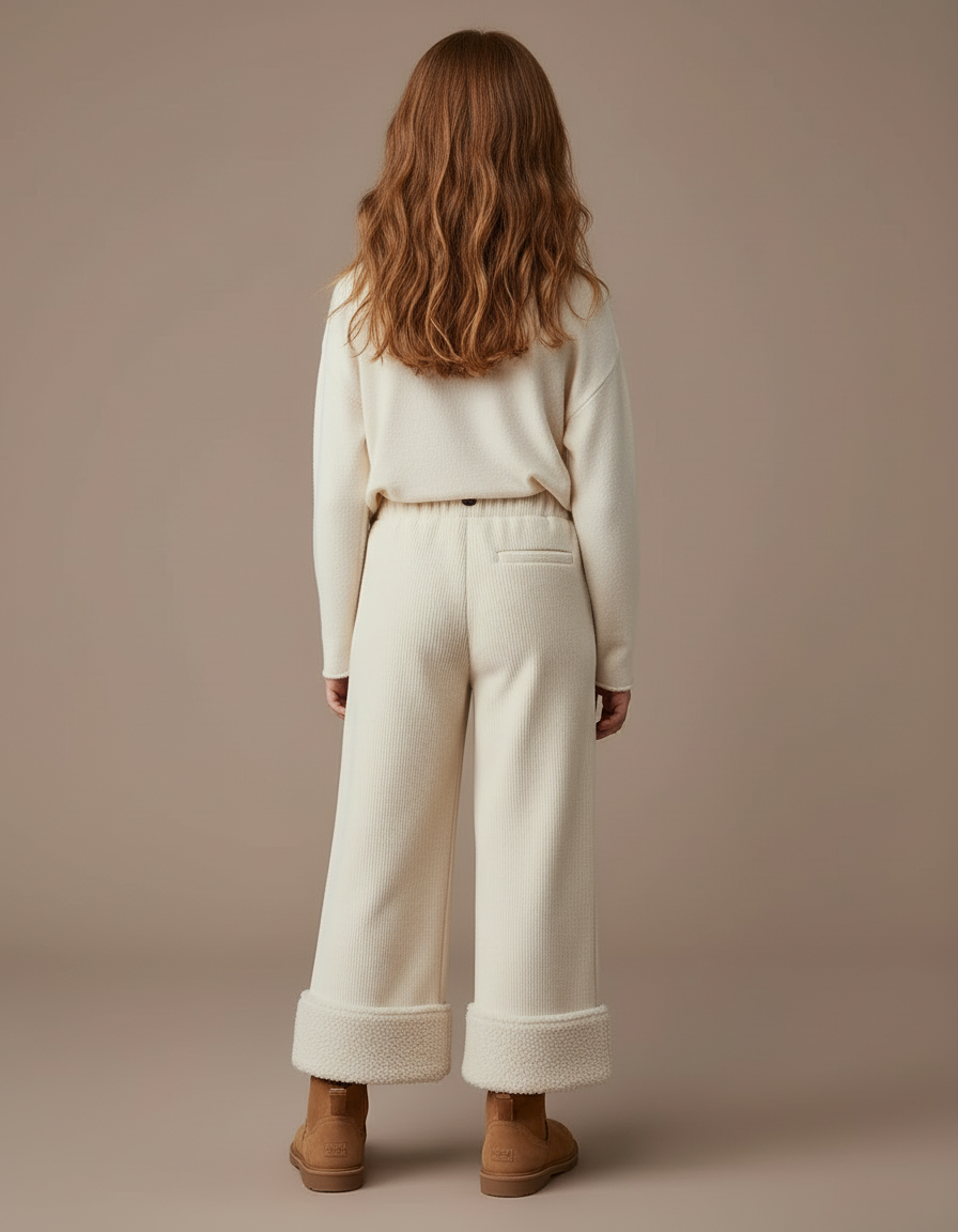 Pantalon Blanc Côtelé Doublé Polaire Ample Fille - Beige Cordé - vue 2