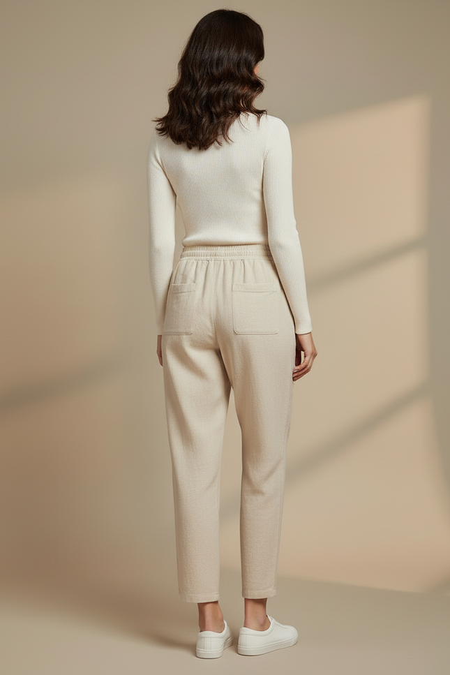 Pantalon Blanc Lin Ample Décontracté Cordon Femme - Beige - vue 2