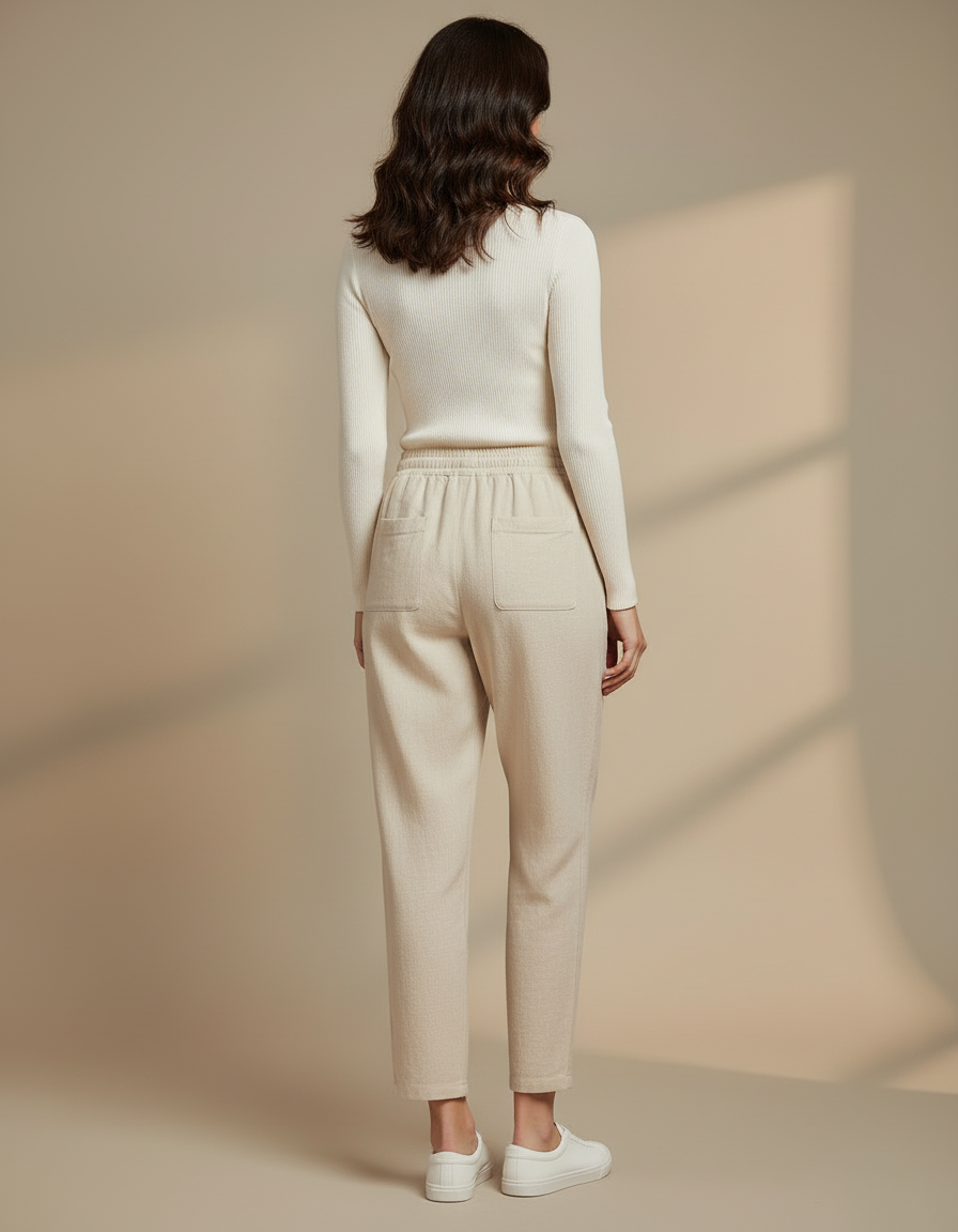 Pantalon Blanc Lin Ample Décontracté Cordon Femme - Beige - vue 2