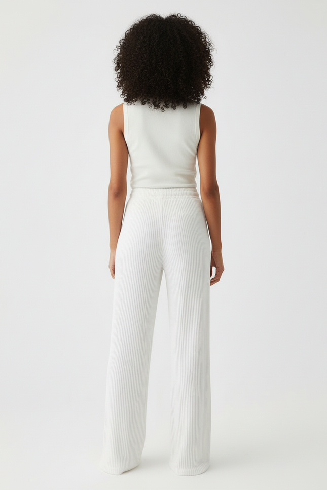 Pantalon Blanc Côtelé Fluide Décontracté Femme - Maille - vue 2