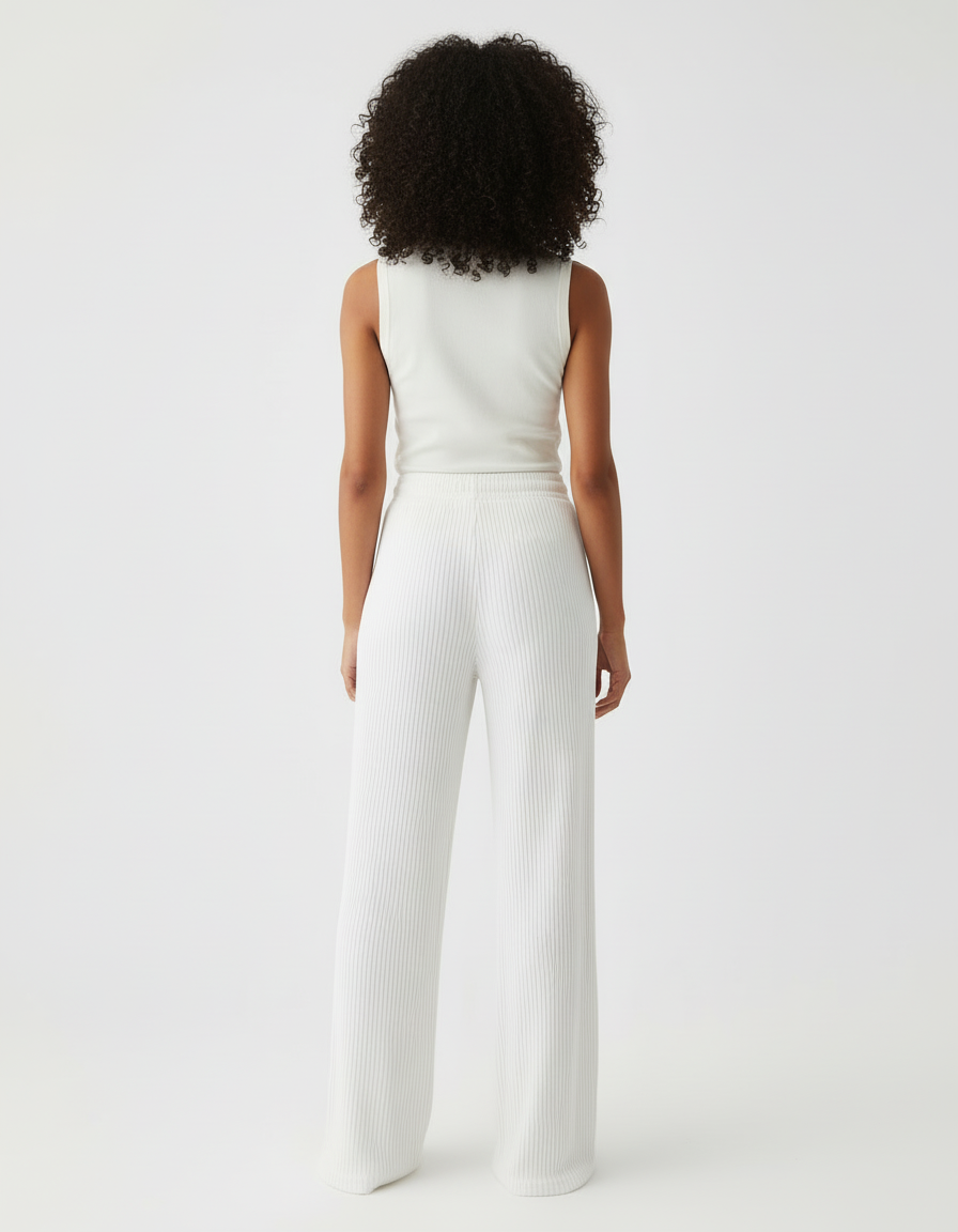 Pantalon Blanc Côtelé Fluide Décontracté Femme - Maille - vue 2