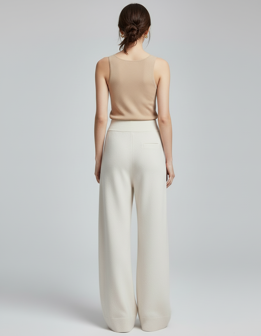 Pantalon Blanc Ample Tricoté Taille Haute - Laine - vue 2
