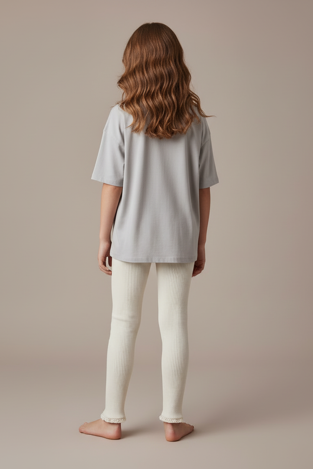 Pantalon Blanc Tricoté Côtelé Confortable Enfant Fille - Beige Maille - vue 2