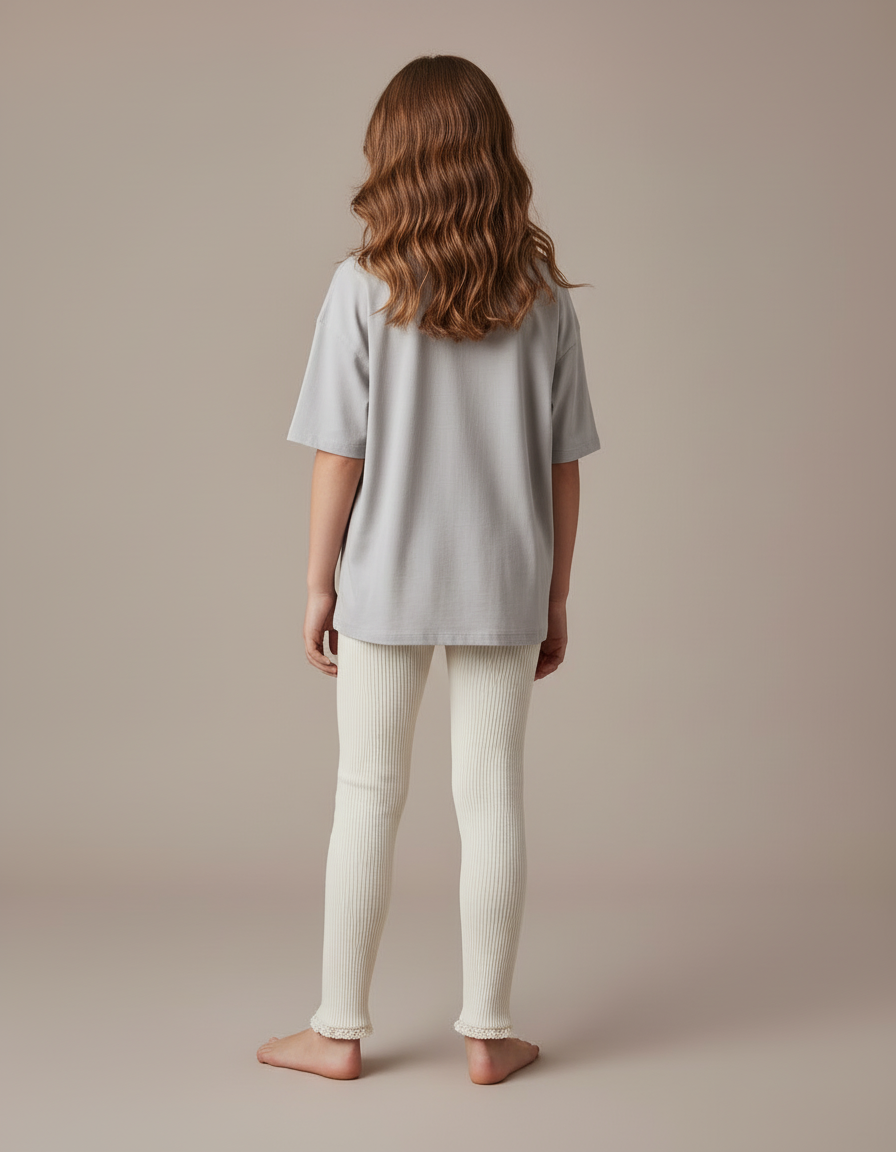 Pantalon Blanc Tricoté Côtelé Confortable Enfant Fille - Beige Maille - vue 2