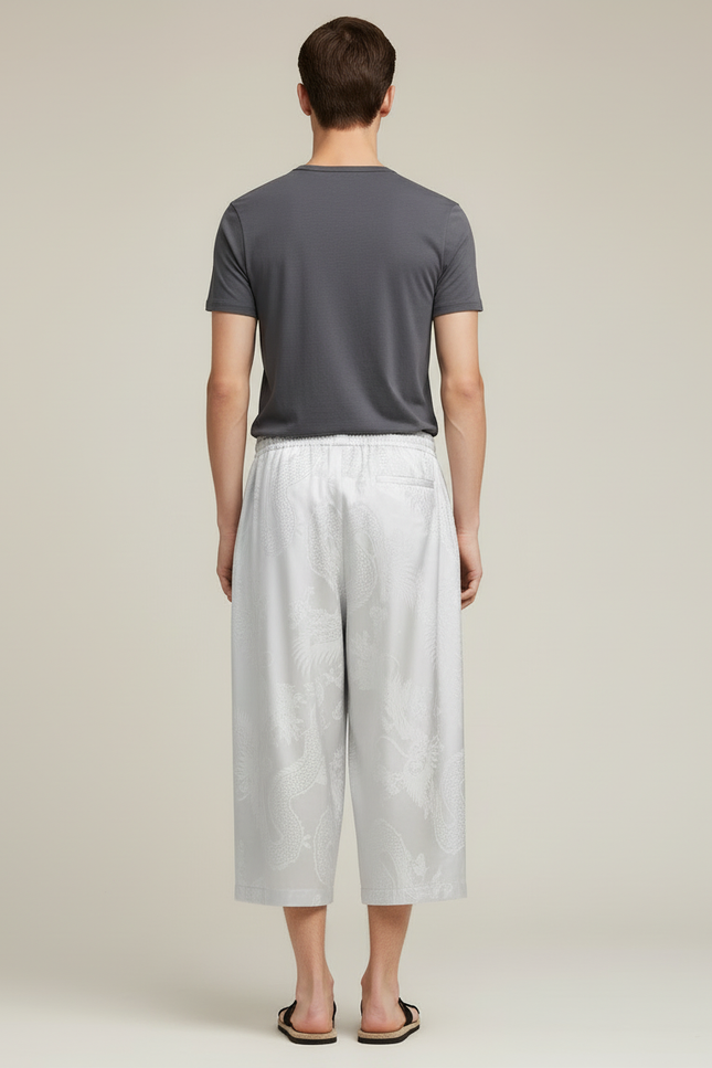 Pantalon Blanc Fluide Plissé Imprimé Dragon Homme Décontracté - Gris Satin - vue 2