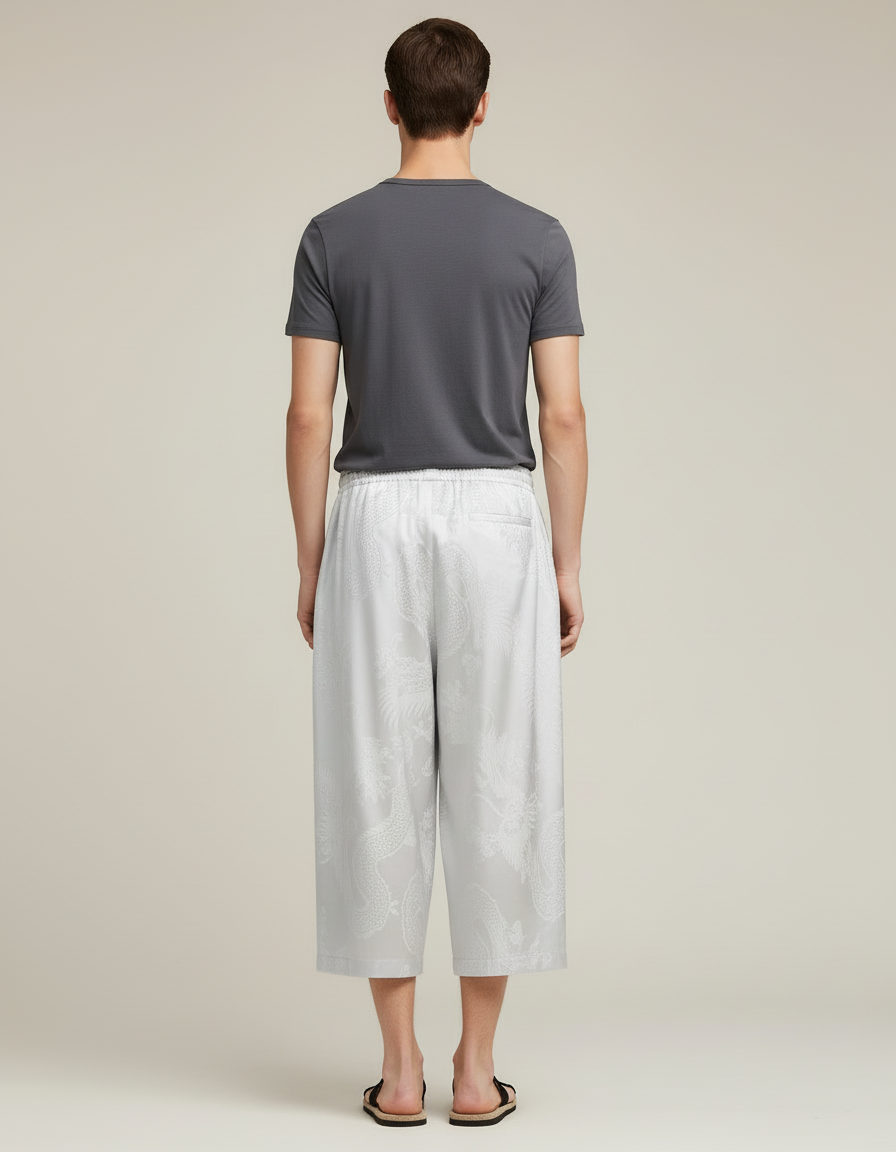 Pantalon Blanc Fluide Plissé Imprimé Dragon Homme Décontracté - Gris Satin - vue 2