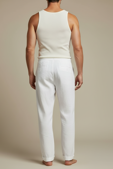 Pantalon Blanc Homme Lin Ample Décontracté Cordon - vue 2