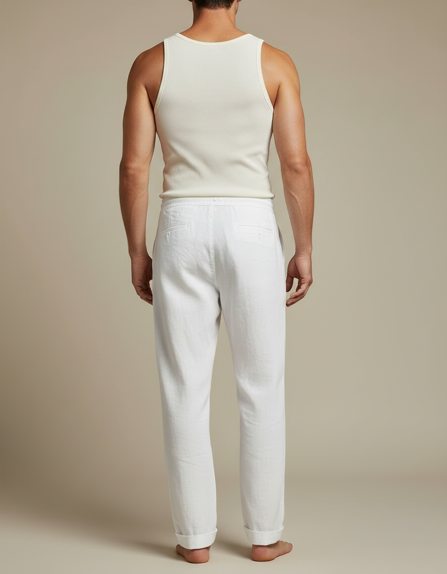 Pantalon Blanc Homme Lin Ample Décontracté Cordon - vue 2