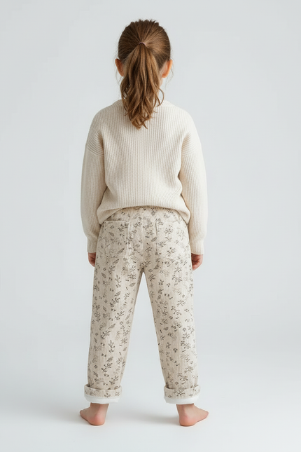 Pantalon Blanc Côtelé Imprimé Floral Doublé Polaire Enfant - Beige Cordé - vue 2