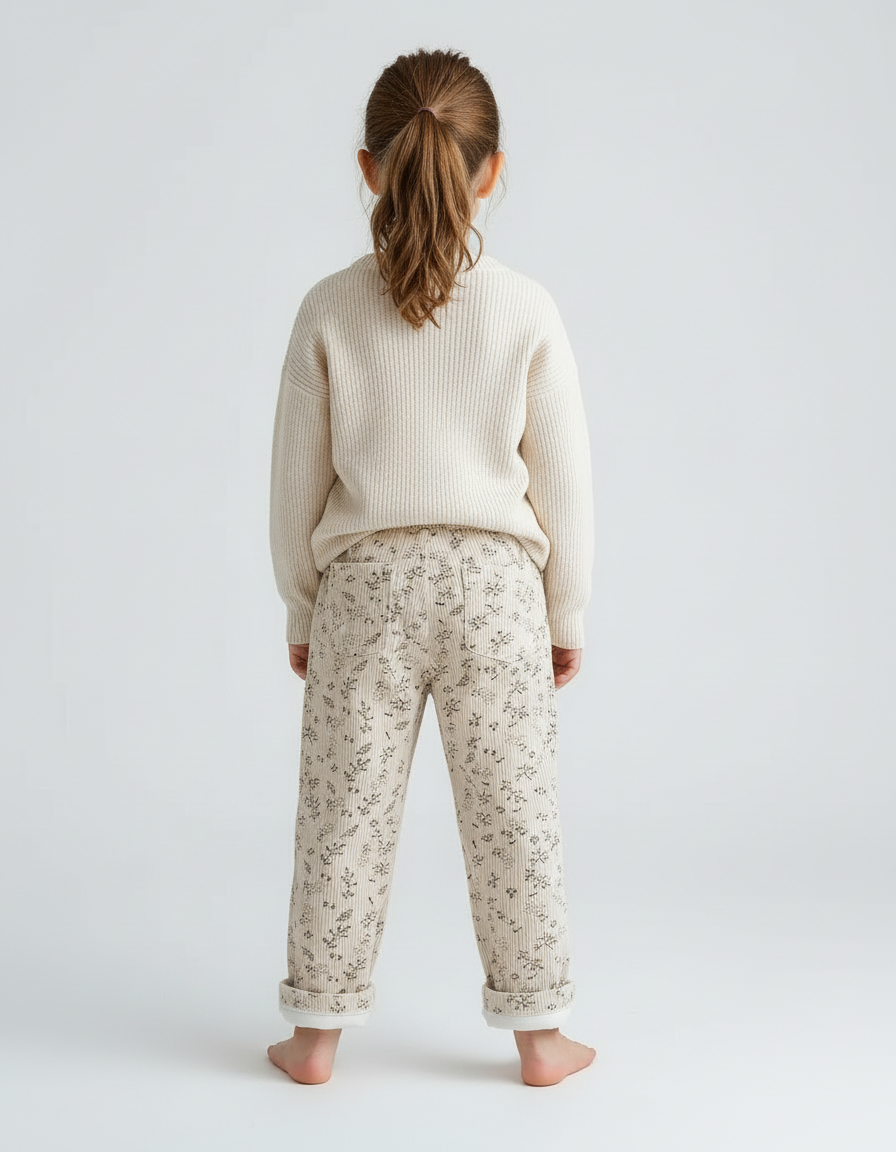 Pantalon Blanc Côtelé Imprimé Floral Doublé Polaire Enfant - Beige Cordé - vue 2