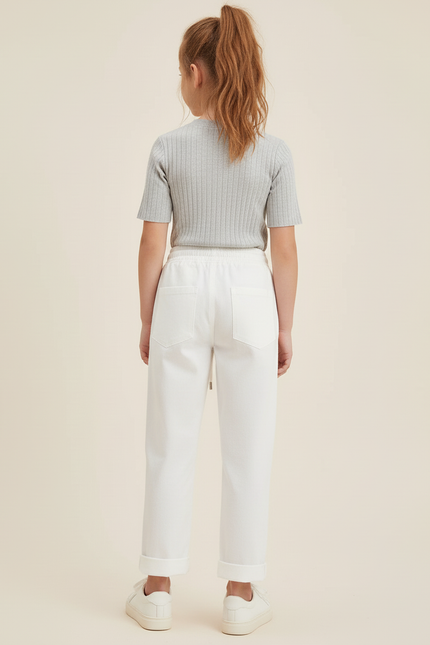 Pantalon Blanc Côtelé Décontracté Ample Cordon Fille - Coton - vue 2