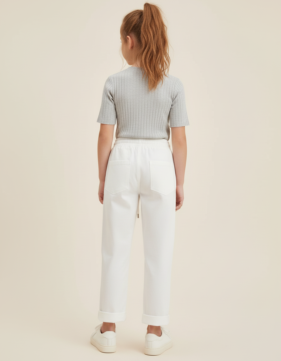 Pantalon Blanc Côtelé Décontracté Ample Cordon Fille - Coton - vue 2