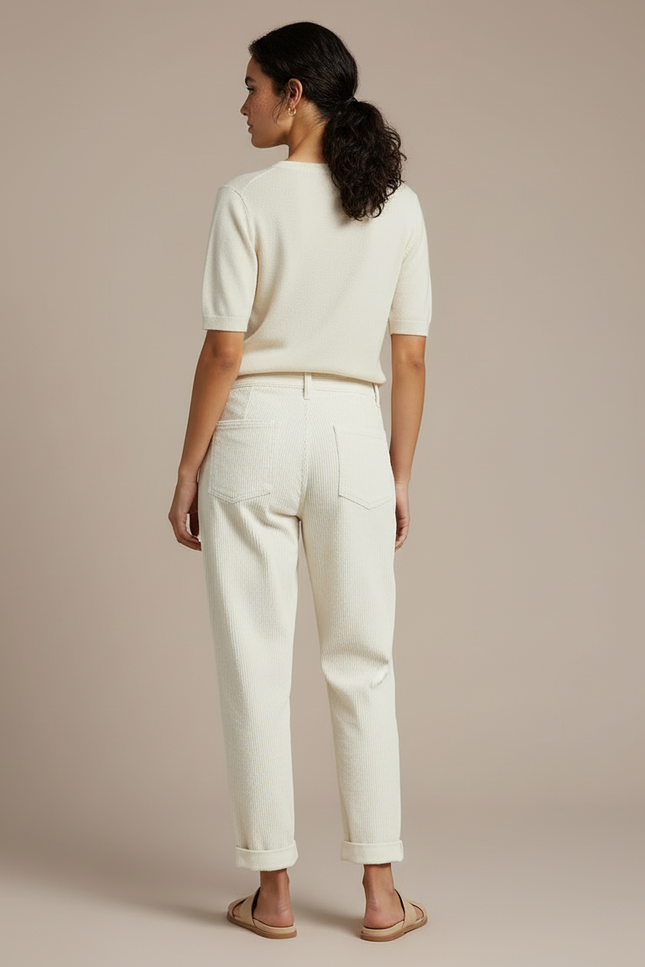 Pantalon Blanc Côtelé Décontracté Plissé Femme Droit - Beige Cordé - vue 2