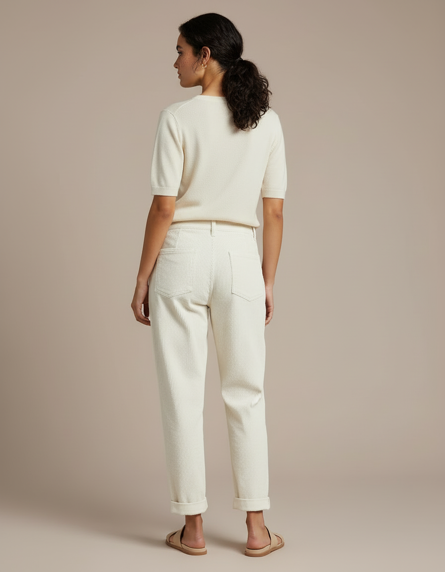 Pantalon Blanc Côtelé Décontracté Plissé Femme Droit - Beige Cordé - vue 2