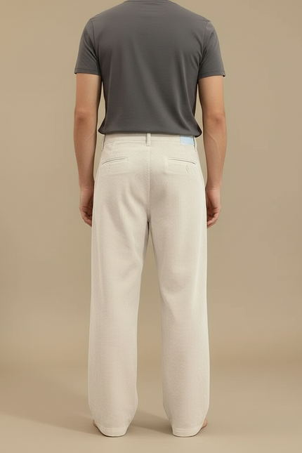 Pantalon Blanc Velours Côtelé Ample Décontracté Homme - Beige Cordé - vue 2