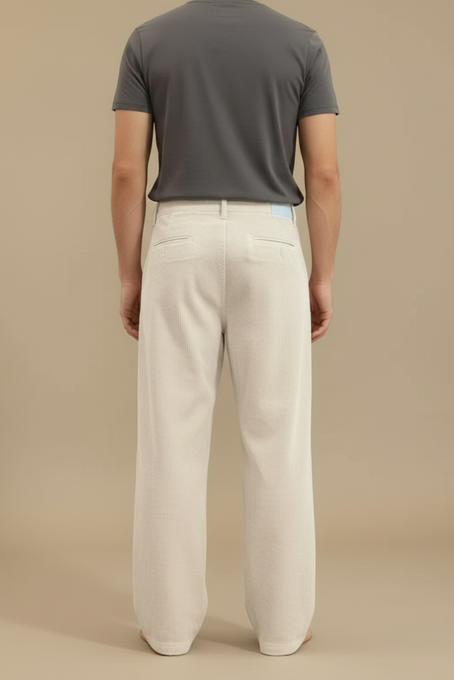 Pantalon Blanc Velours Côtelé Ample Décontracté Homme - Beige Cordé - vue 2