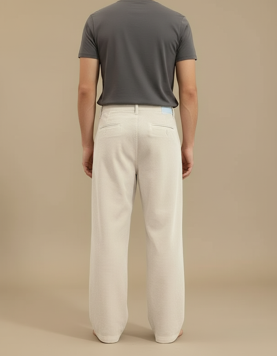 Pantalon Blanc Velours Côtelé Ample Décontracté Homme - Beige Cordé - vue 2