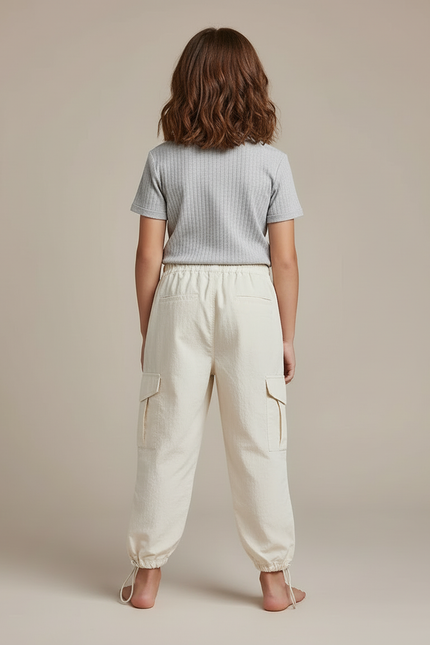 Pantalon Blanc Cargo Ample Casual Enfant Coton - Beige Toile - vue 2
