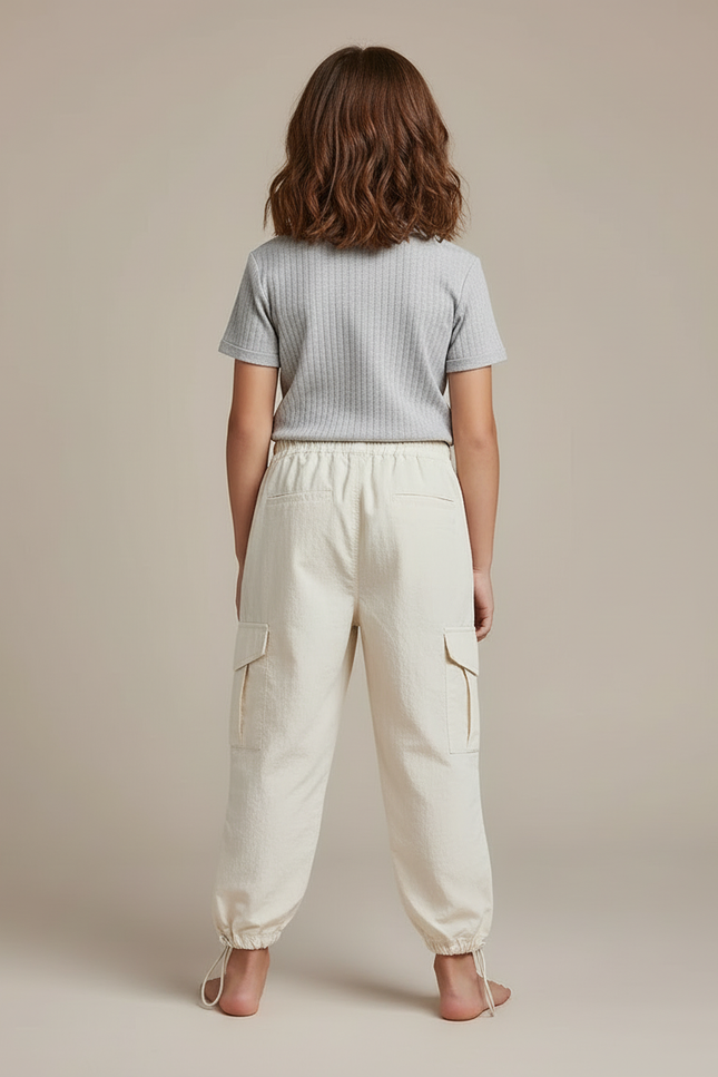 Pantalon Blanc Cargo Ample Casual Enfant Coton - Beige Toile - vue 2