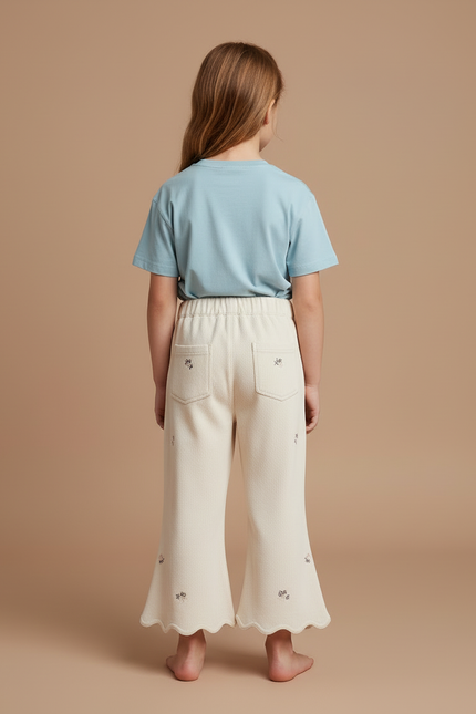 Pantalon Blanc Évasé Brodé Confortable Enfant Fille - Beige Molleton - vue 2