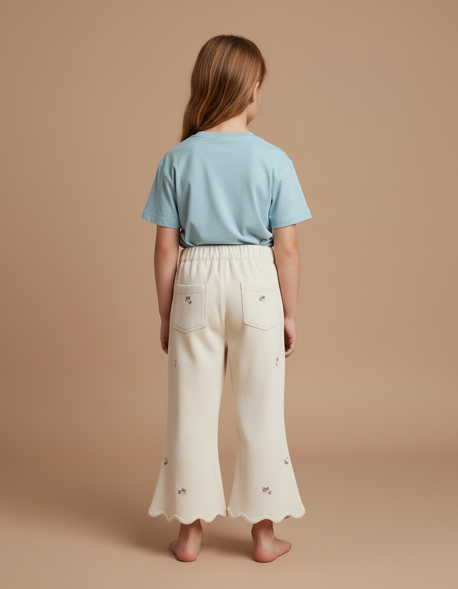 Pantalon Blanc Évasé Brodé Confortable Enfant Fille - Beige Molleton - vue 2