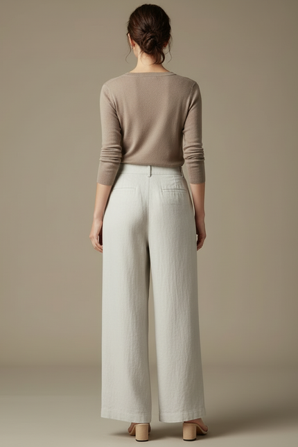 Pantalon Blanc Ample Lin Plissé Décontracté Femme - Beige - vue 2