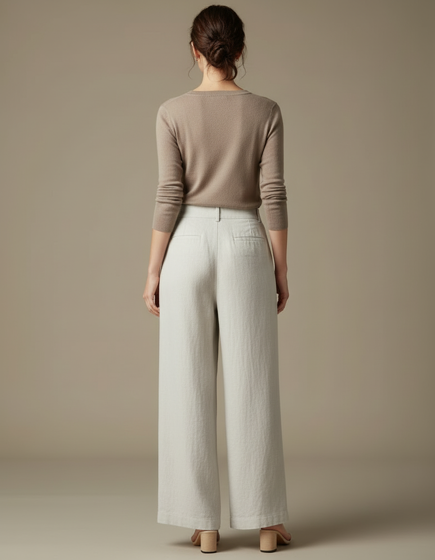 Pantalon Blanc Ample Lin Plissé Décontracté Femme - Beige - vue 2