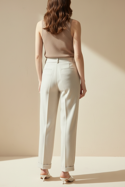Pantalon Blanc Droit Tweed Texturé Taille Haute - Beige - vue 2