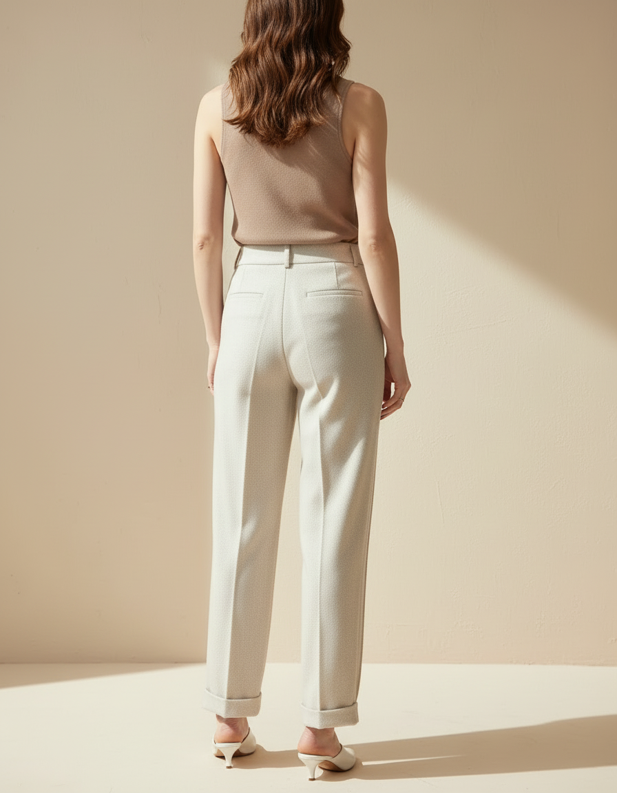 Pantalon Blanc Droit Tweed Texturé Taille Haute - Beige - vue 2