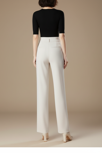 Pantalon Blanc Taille Haute Ample Élégant Fluide - Beige Maille - vue 2