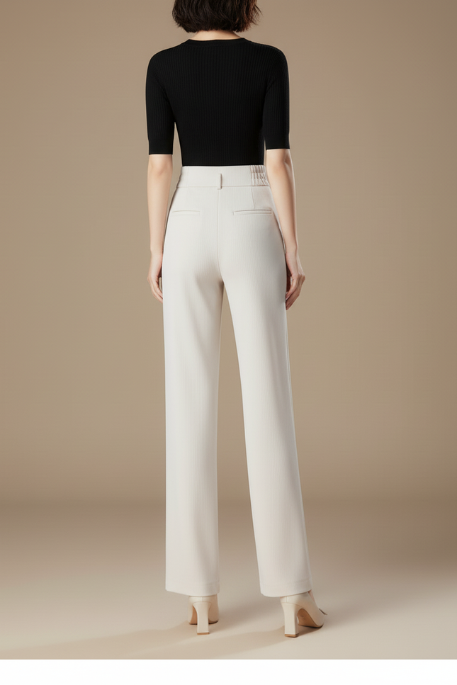 Pantalon Blanc Taille Haute Ample Élégant Fluide - Beige Maille - vue 2
