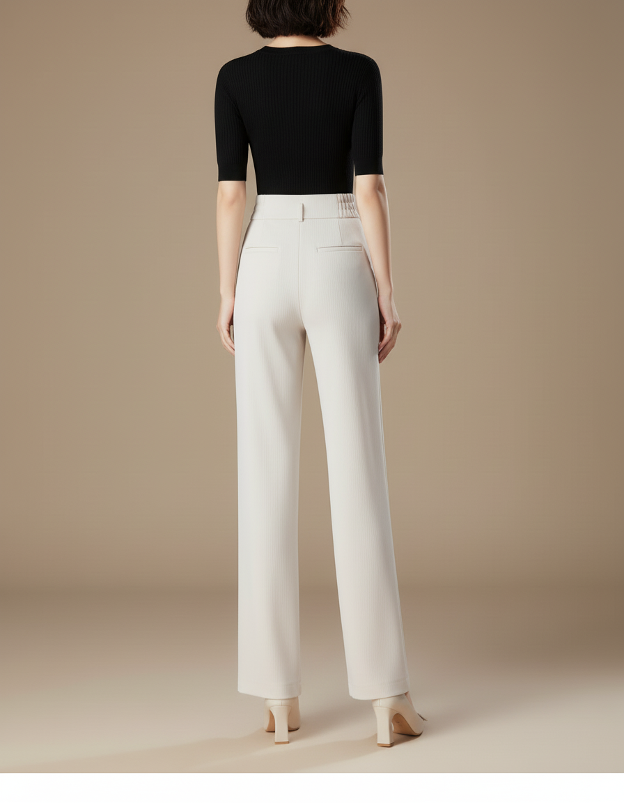 Pantalon Blanc Taille Haute Ample Élégant Fluide - Beige Maille - vue 2