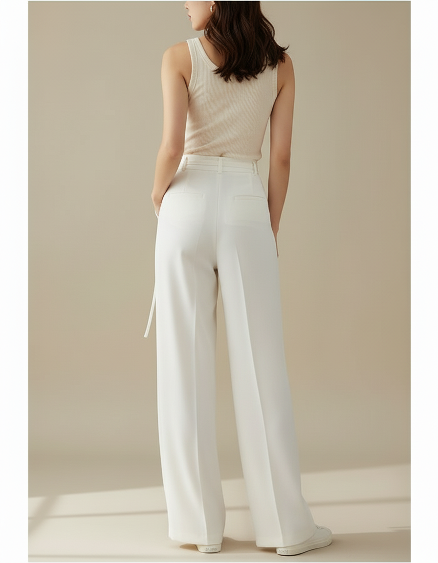 Pantalon Blanc Ample Taille Haute Fluide Élégant - Polyester - vue 2