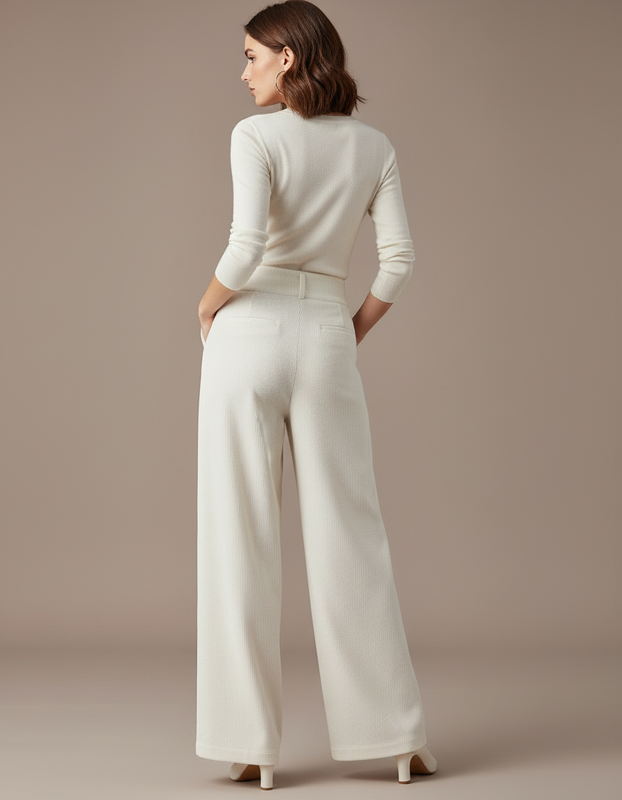 Pantalon Blanc Côtelé Taille Haute Ample Élégant - Cordé - vue 2