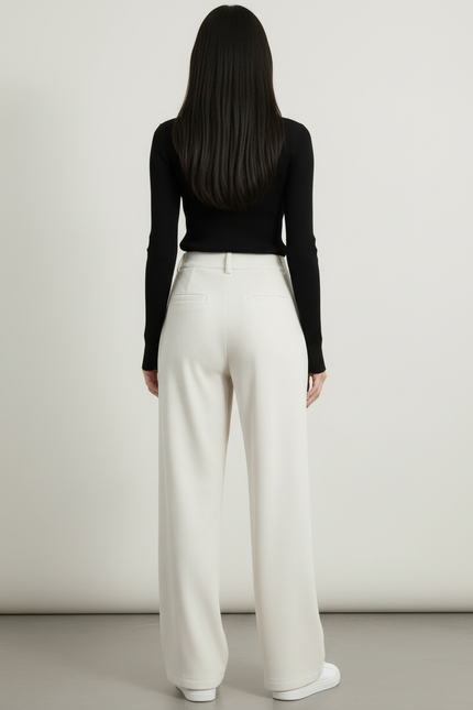 Pantalon Blanc Côtelé Ample Droit Taille Haute Femme - Cordé - vue 2