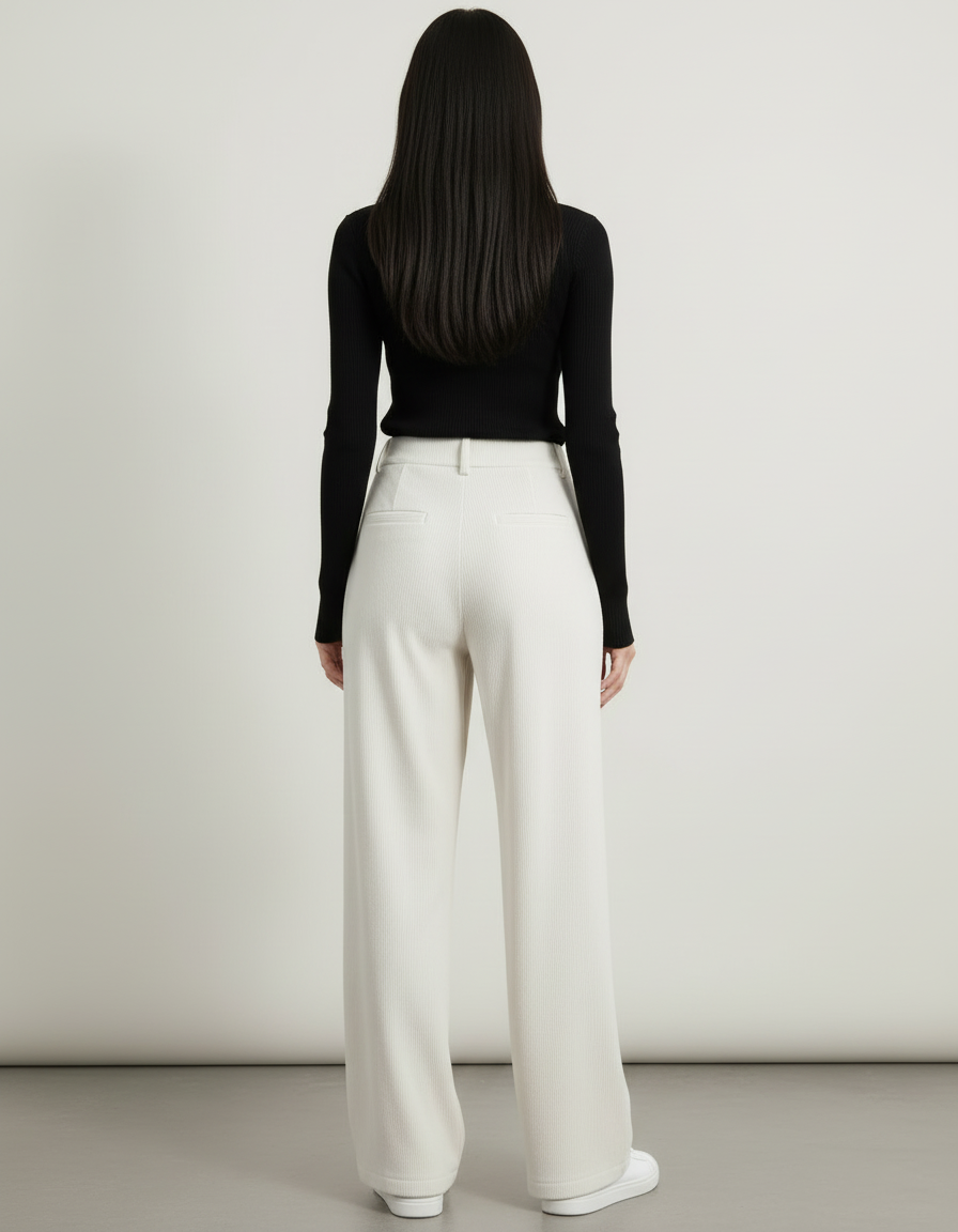 Pantalon Blanc Côtelé Ample Droit Taille Haute Femme - Cordé - vue 2