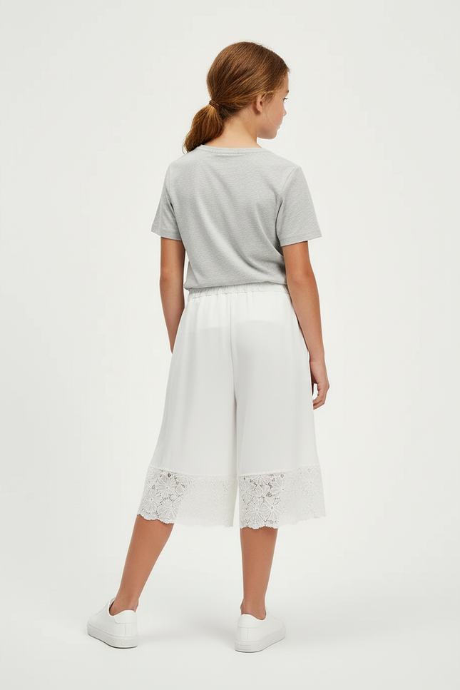 Pantalon Blanc Culotte Dentelle Ample Cordon Fille - Viscose - vue 2