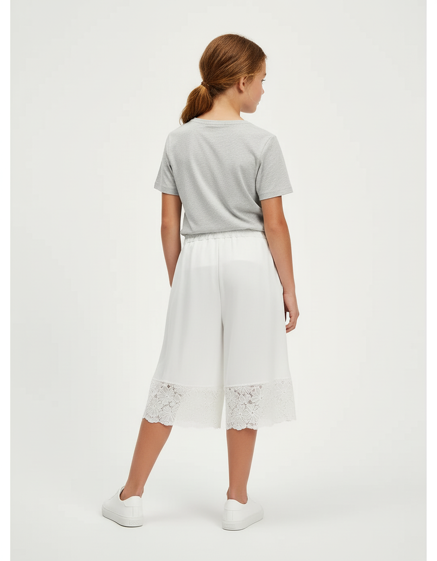 Pantalon Blanc Culotte Dentelle Ample Cordon Fille - Viscose - vue 2