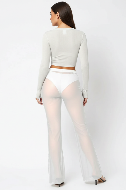 Pantalon Blanc Transparent Évasé Taille Haute Sexy - Polyester